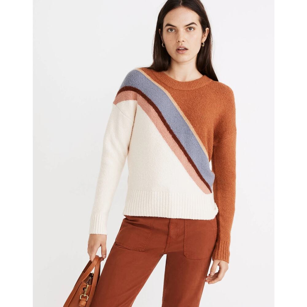 Madewell Merino Wool Blend Diagonal Stripe Crewneck Sweater Rust Cream Small
